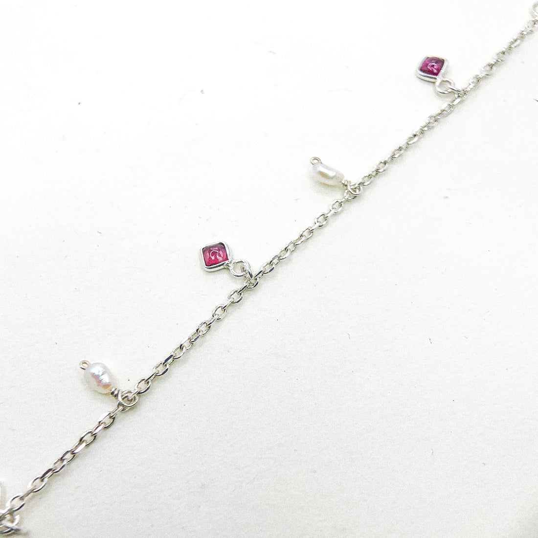 GARNET AND PEARL DROP SILVER BRACELET
